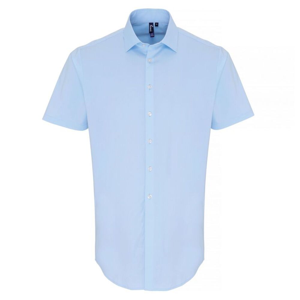 Premier Mens Stretch Fit Poplin Short Sleeve Shirt / Pale Blue